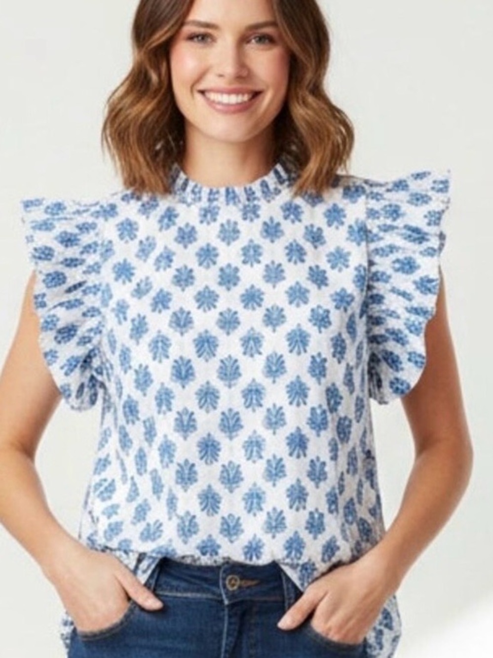 J. MARIE Ruffle Sleeve Top Size Large Blue Block Print Preppy Boxy